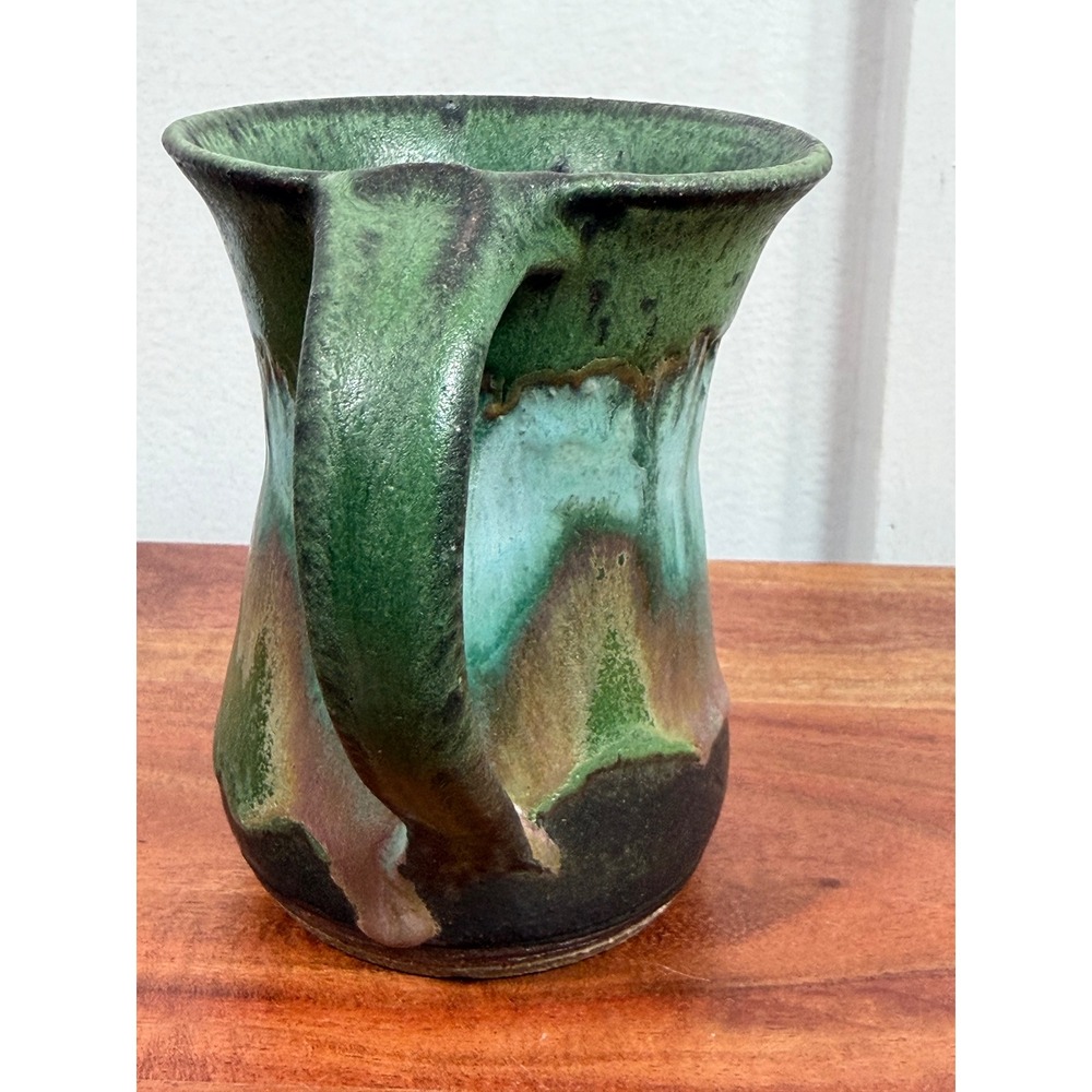 Studio Pottery Mug Green Turquoise Drip Glaze Hand Thrown Signed Stoneware - Picture 4 of 11